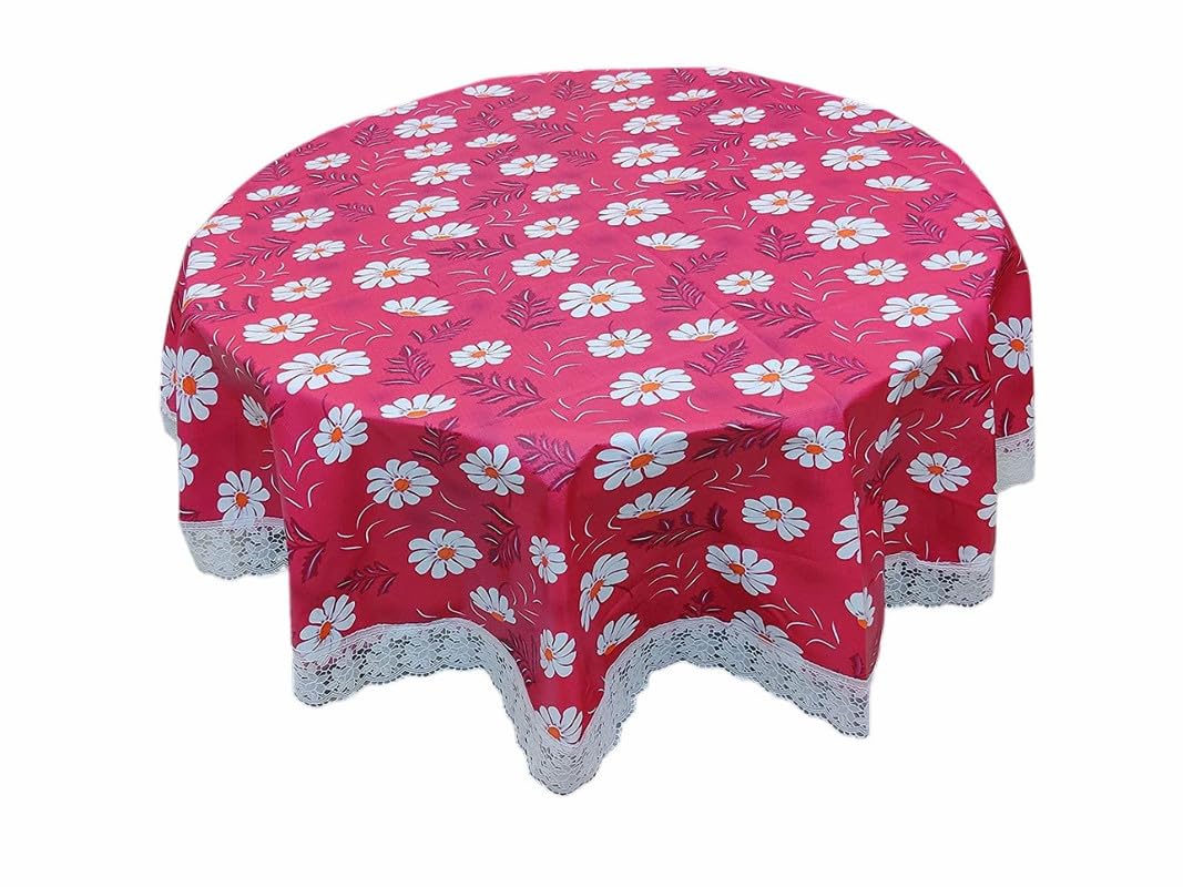 Center & Dining Table Cover Pink Color Flower Printed Table Cloth with White Lace - Waterpoof & Dustproof Round Shape Table Cloth (60" Round)-Table Cloth Pink 44-image-41
