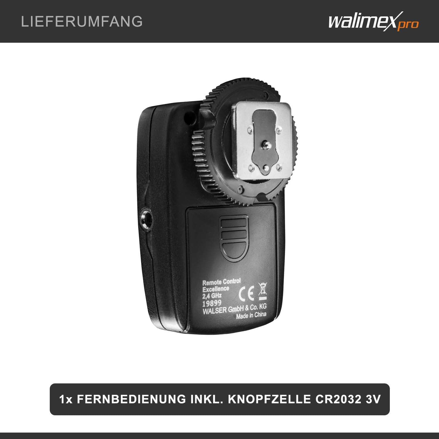 Walimex Pro Studio Flash Trigger showing battery compartment and model number
