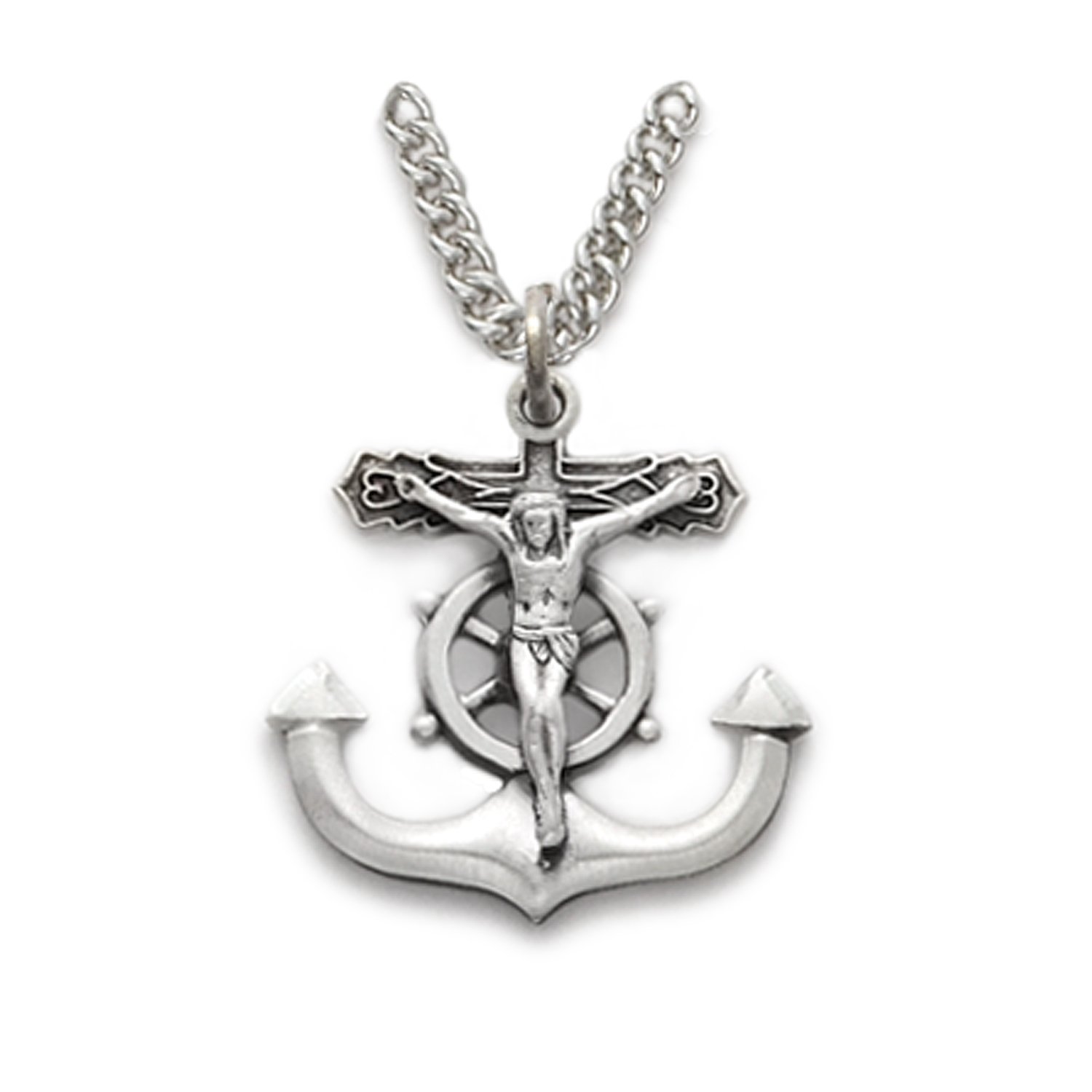 TrueFaithJewelrySterling Silver Catholic Cross Crucifix Pendant in Sailor Anchor Design, 3/4 Inch