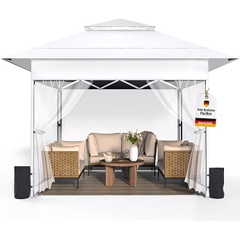 4 x 4 m Pop-Up Gazebo Folding Gazebo with Mosquito Net Wheels Carry Bag White Garden Gazebo Foldable with Sandbags Sturdy Waterproof UV Protection 50+ Ventilated Party Tent for Garden Party Festival