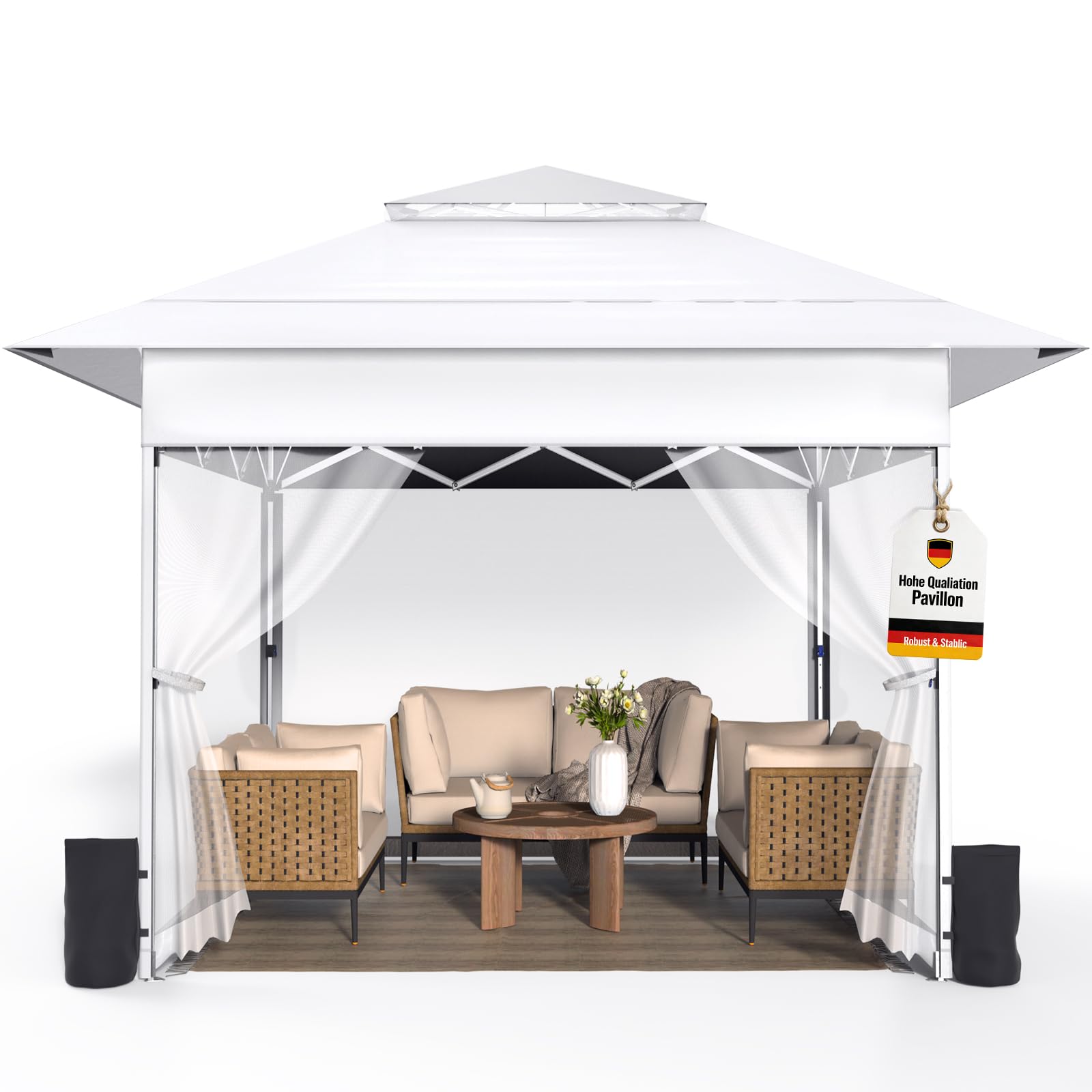 4x4m Pop-Up Pavillon,Faltpavillon mit Moskitonetz,Rollen Tragetasche,Weiß | Gartenpavillon Faltbar mit Sandsäcke Stabil,Wasserdicht,UV Schutz 50+,Belüftetes,Partyzelt für Garten Party Festival