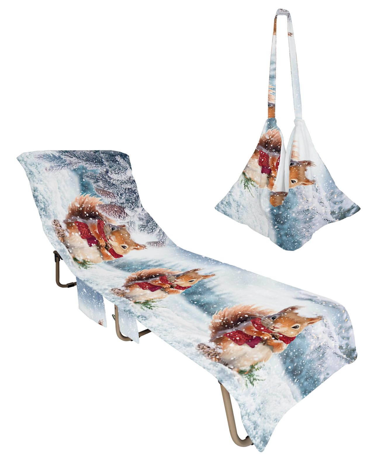 Christmas Squirrel Beach Lounge Chair Towel Cover, Soft Chaise Lounge Towel with Side Pockets Patio Pool Chairs Cover for Beach/Pool Sunbathing 29x85 Winter Snowflake Xmas Tree Pine Cones