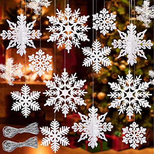Mauts 46 pieces of white glitter snowflakes, Christmas decorations snowflakes winter Snowflakes Ornaments Christmas hanging birthday Christmas tree window door interior ornaments