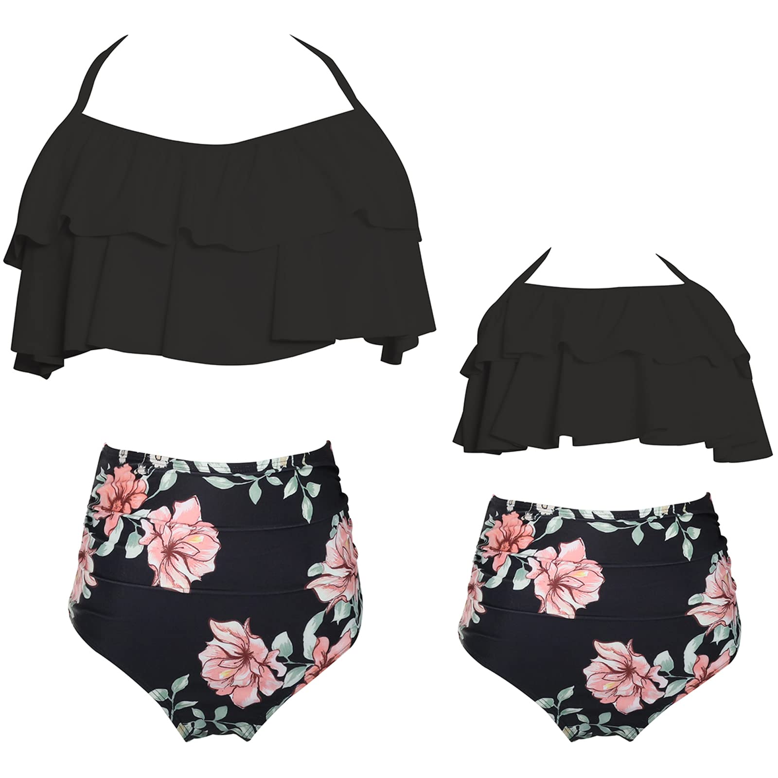 Family Matching Swimsuit Sets Floral Print Bikini Swim Trunks Mommy and Me Bathing Suits Boys 2-3T Black