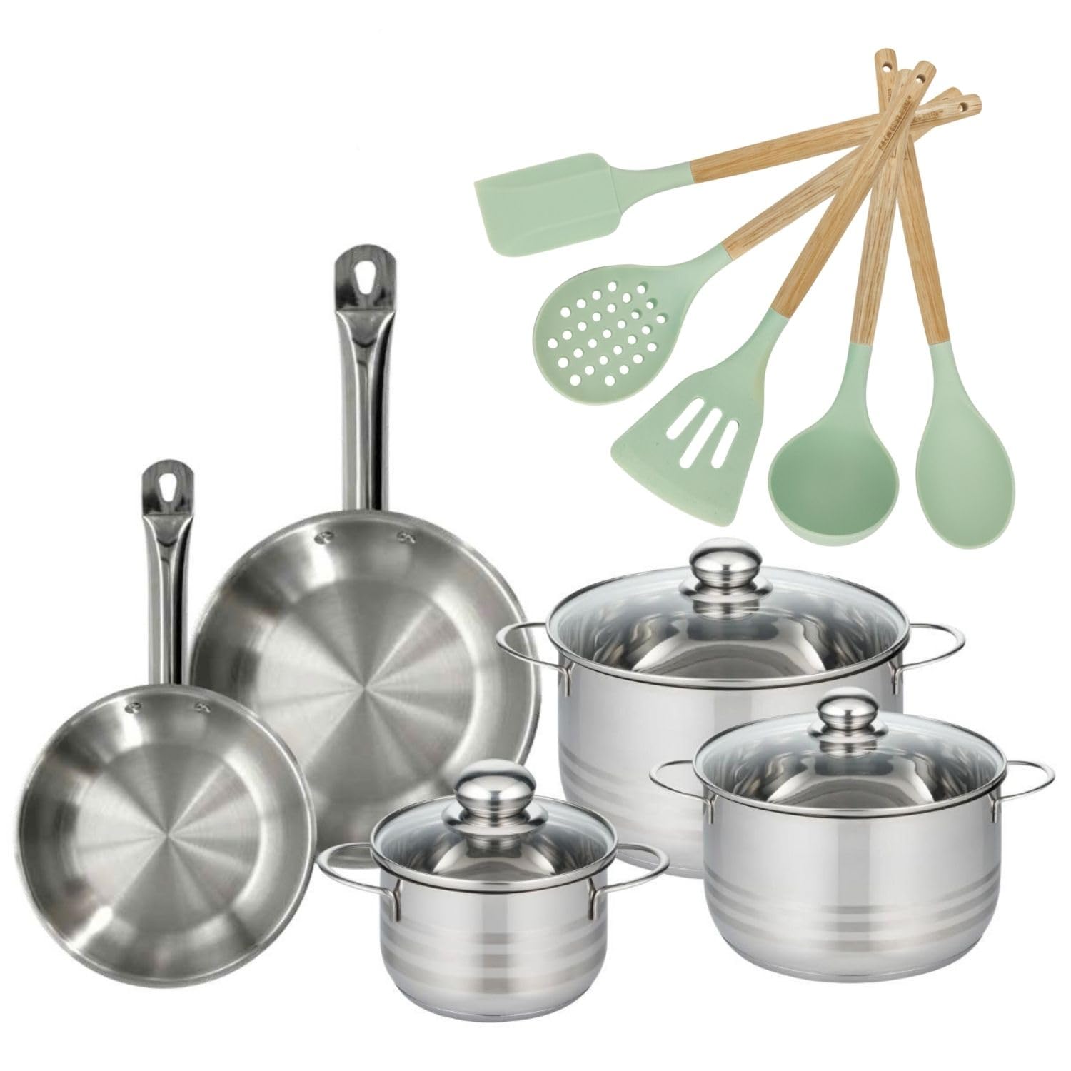 Fackelmann Batterie Cuisine 3 Faitouts + 2 Poêles 20/24 + 5 Ustensiles | Lot complet pour équiper la cuisine, 3 faitouts et 2 poêles, Inox, 16 à 24 cm, Induction vitrocéramique gaz, Sans PFAS