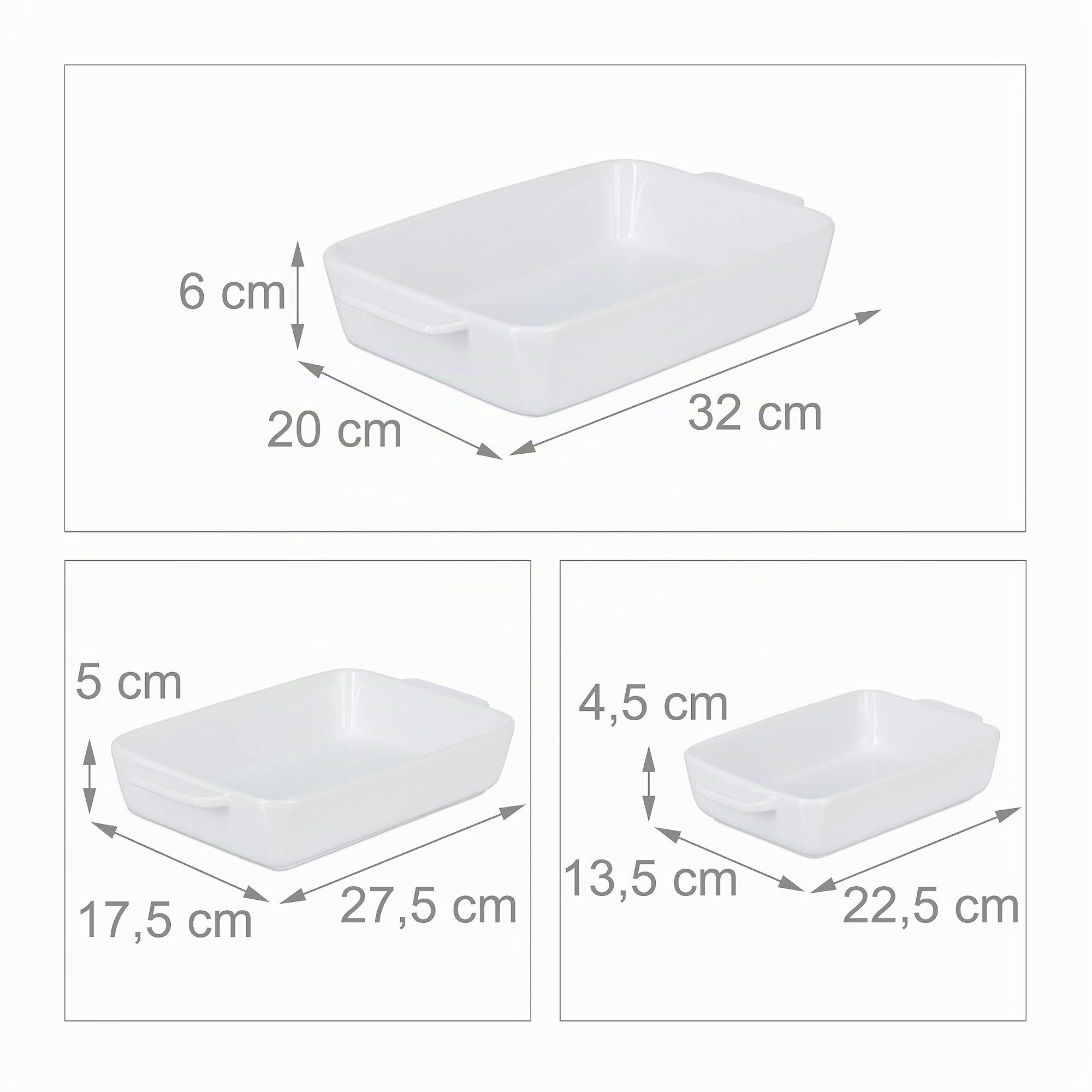Relaxdays Teglie in Ceramica da Forno, Set da 3, 2 Misure, Pirofila di Forma Rettangolare, Lasagnera, Tiramisù, Bianco
