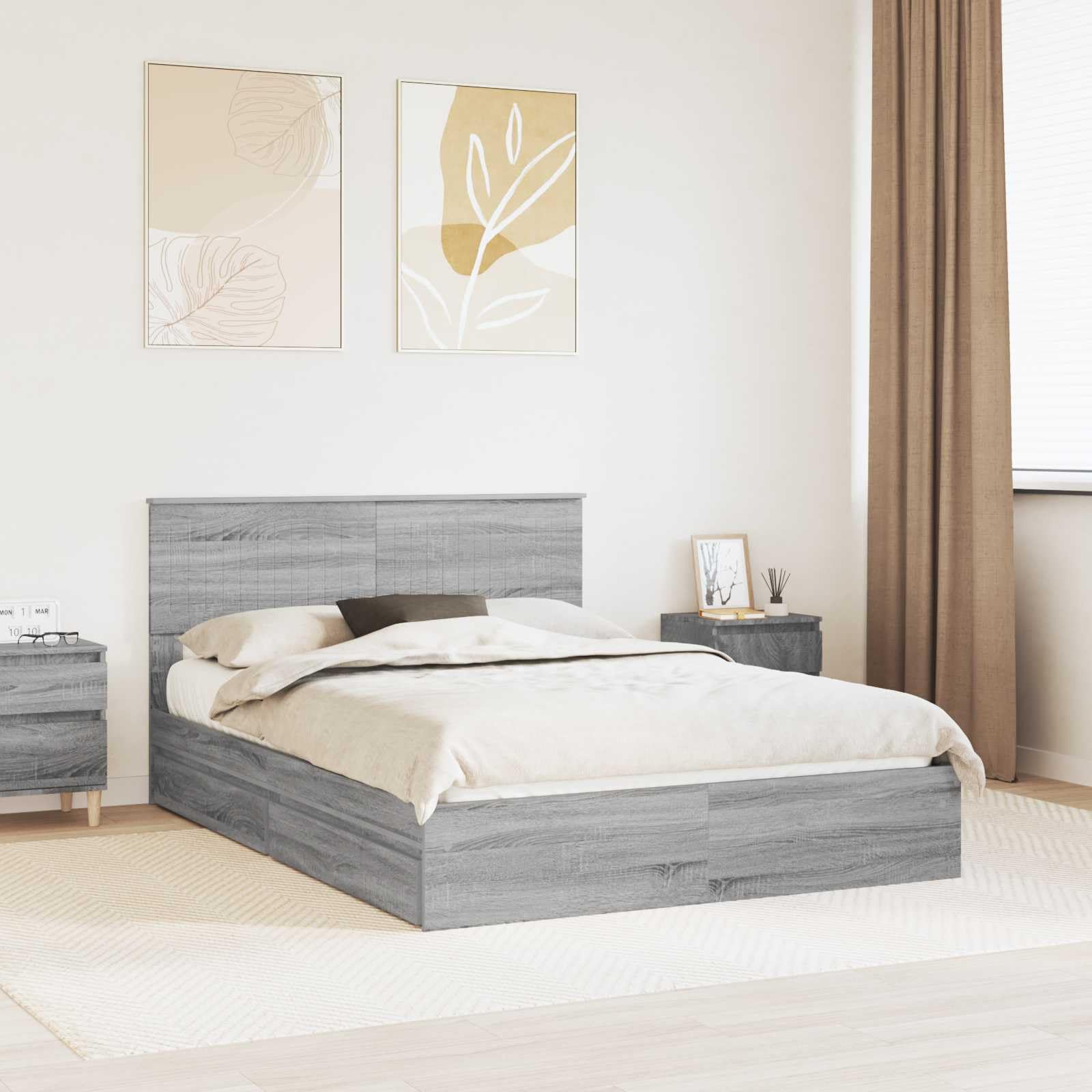 Aufbewahrungsbett Graues Sonoma 140 x 200 cm Holzwerkstoff mit Stauraum, Doppelbett für 2 Personen, modernes Design, einfache Montage, langlebiges Material, platzsparend für Schlafzimmer