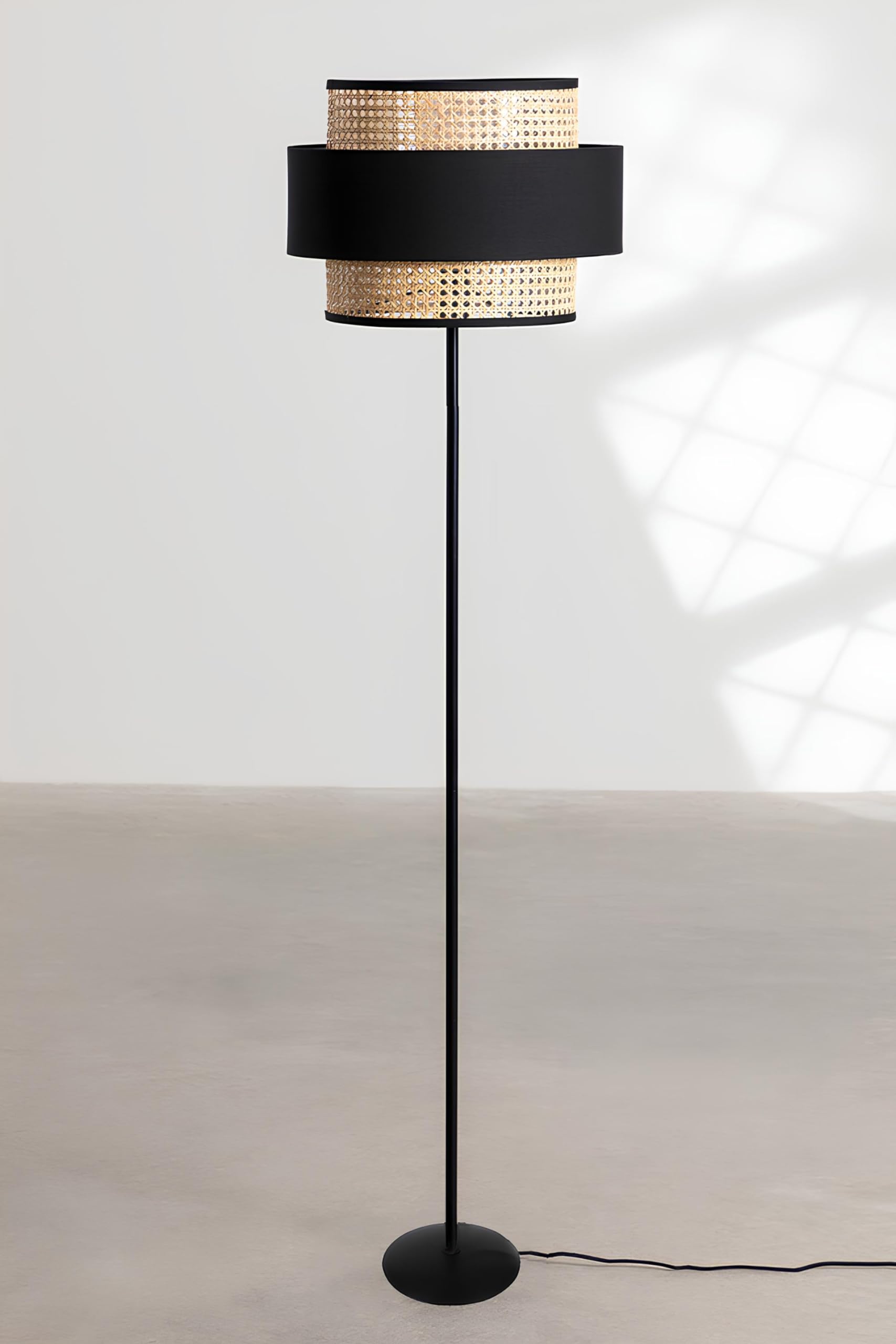 Rattan Cane Webbing Floor Lamp Bamboo Floor Lamp Cane Standing Lamp Wooden Standing lamp for Living Room Bedroom (14" D X 12") (Black)-picture-20
