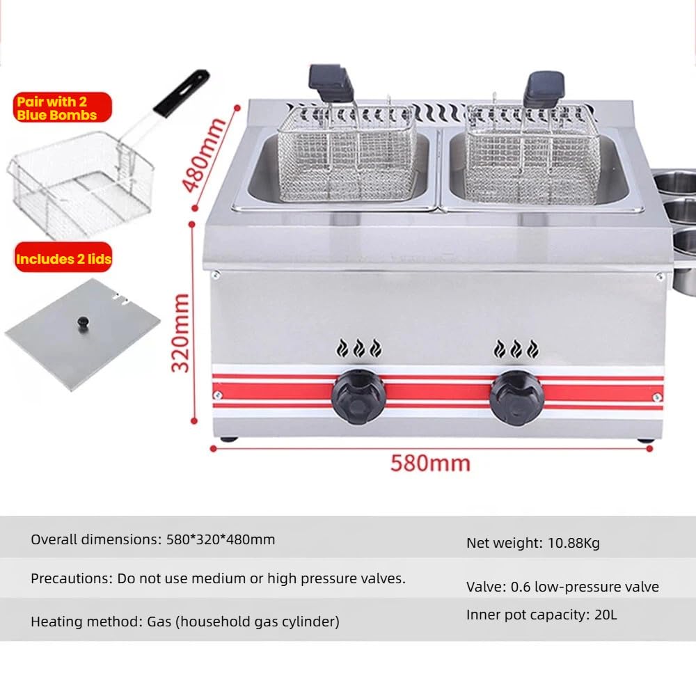 Freidora de gas comercial de gran capacidad, freidora doble de acero inoxidable de 20 L con 2 cestas y tapas, potencia de fuego ajustable para el hogar o la cocina profesional