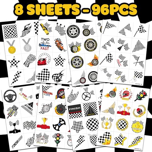 Image of 96 PCS Pre-Cut Checkered Flag Temporary Tattoos for Kids Party Favors | Race Car Themed Skin-Friendly Fake Stickers, Birthday Decorations, Gifts for Boys Girls