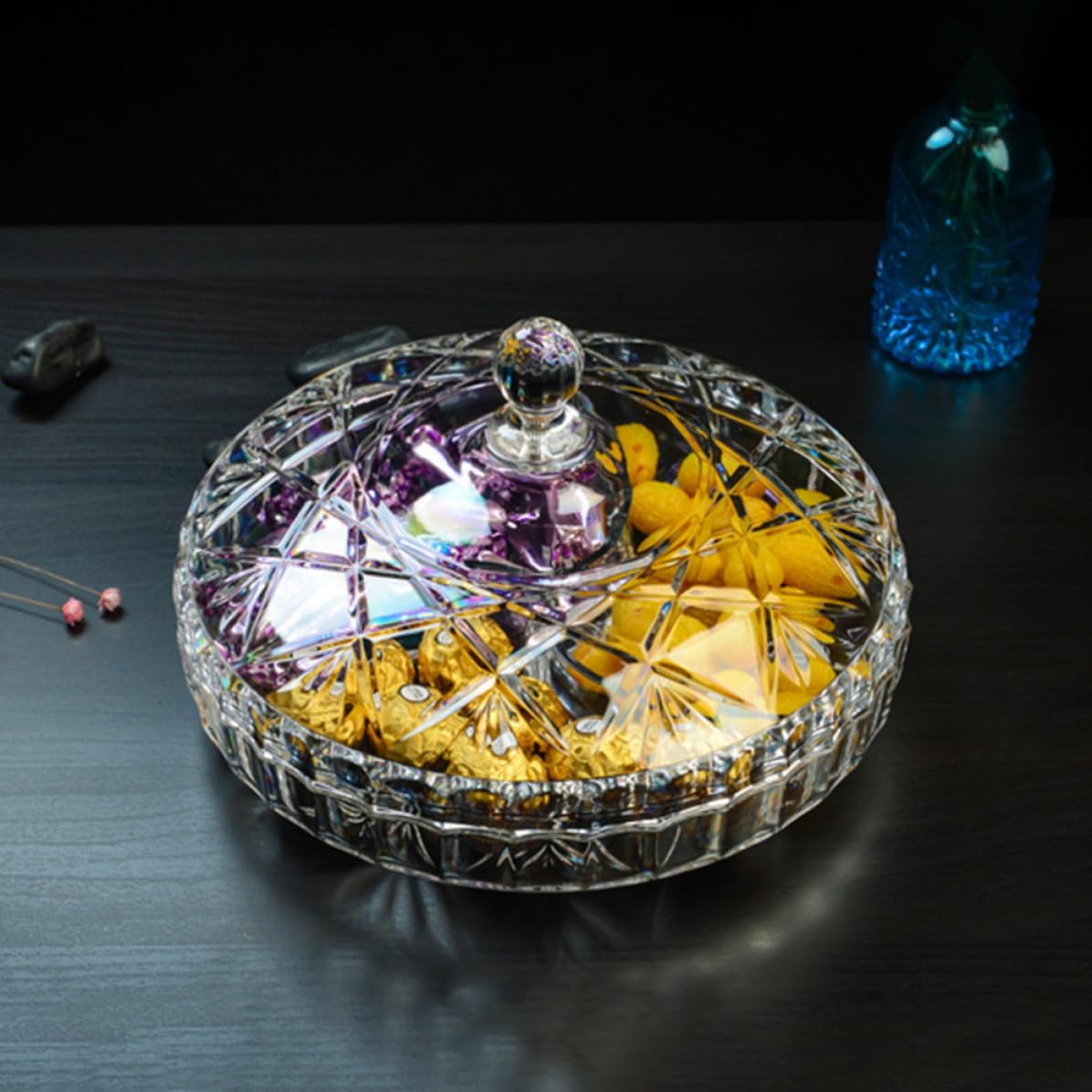 Caja de Aperitivos Redonda con 3 Compartimentos de Acrílico para Snacks y Frutos Secos, Resistente al Desgaste, Adecuado Ocio y Fiestas Reutilizable