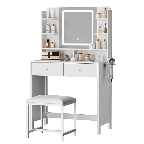 White Vanity with Lighted Mirror, 8 Shelves, 2 Drawers, Charging