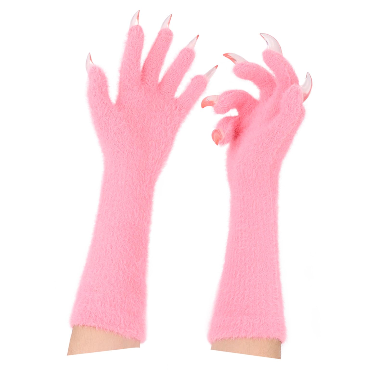 BININBOX Long Plush Claw Gloves, Furry Paw Gloves, Werewolf Claw, Long Nail Glove, Halloween Cosplay Costume Accessories for Adults Unisex, Available in 5 Colors (Pink)