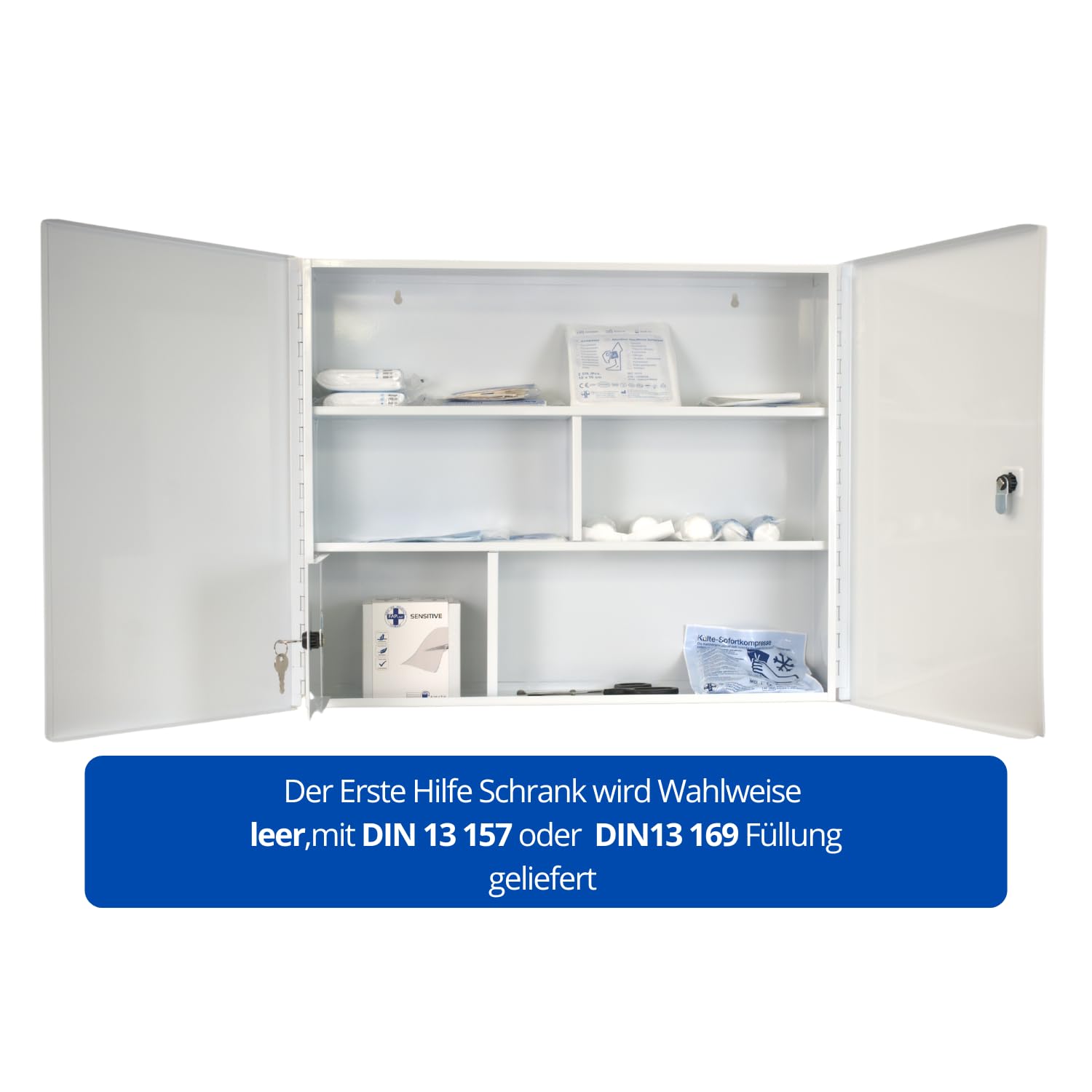Armadietto di pronto soccorso (vuoto), armadietto per medicinali con 3 scomparti (due porte) + scomparto per medicinali con serratura e chiusura di sicurezza - metallo, 60 x 50 x 13 cm