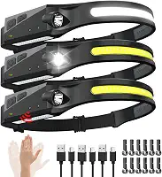 Lanterna de cabeça recarregável com 3 peças, farol largo de 230°, sensor de movimento LED recarregável, faróis brilhantes de 5 modos para adultos, faróis para testa, capacete rígido, equipamento