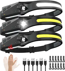 Lanterna de cabeça recarregável com 3 peças, farol largo de 230°, sensor de movimento LED recarregável, faróis brilhantes de 5 modos para adultos, faróis para testa, capacete rígido, equipamento