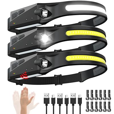 Rechargeable Headlamp 3PCS, 230° Wide Beam Head Lamp, Motion Sensor LED Headlamp Rechargeable, 5Mode Bright Headlamps for Adults, Head Lights for Forehead, Hard Hat Headlight, Camping Essentials Gear