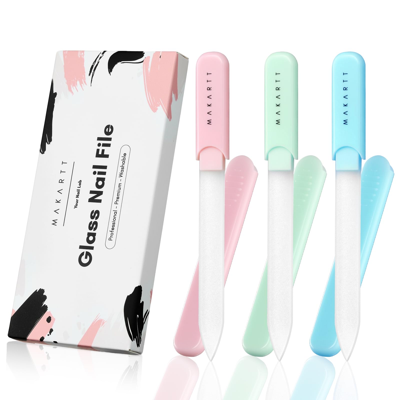 Makartt Limes à ongles - Limes en verre pour ongles naturels, polissoirs réutilisables double face sablés avec étui pour une forme et une finition lisses, coffret cadeau manucure portable, 3 pièces