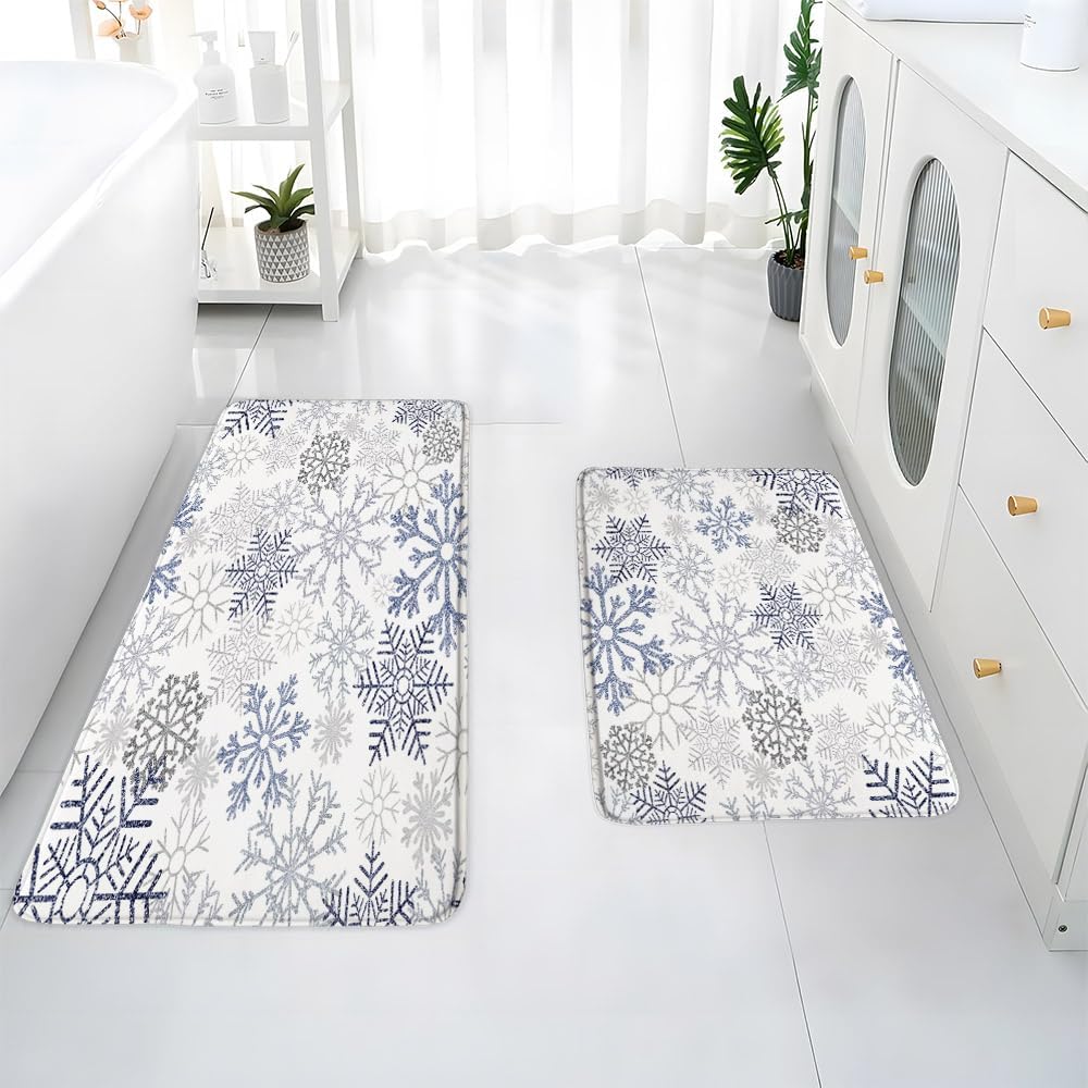 2Pcs Blue Snowflake Bath Mat Winter White Gray Snow Scene Merry Christmas Snowflakes Xmas New Year Holiday Bathroom Rug Bedroom Kitchen Toilet Floors 45X75+40X120 Inch
