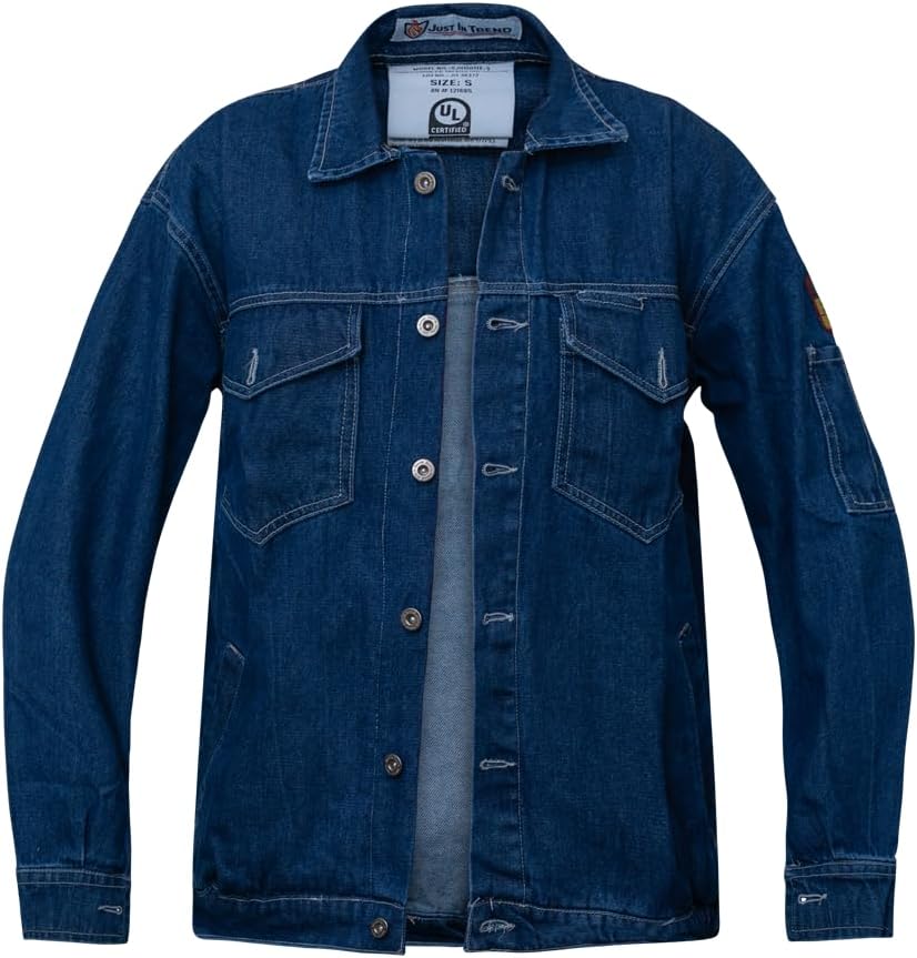 Just In Trend Flame Resistant FR Designer Denim Jeans Bomber Jacket - 100% Cotton - 11 oz - Blue Denim