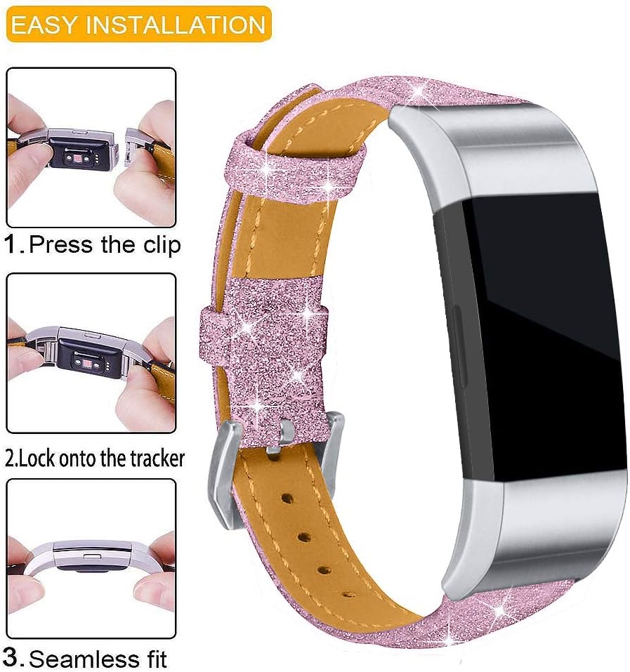 JOYOZY Leather Band Compatible with Fitbit Charge 2 Replacement Bands,Slim Classic Genuine Leather Wristband Fitness Strap Women(Glitter Pink with Silver Buckle)