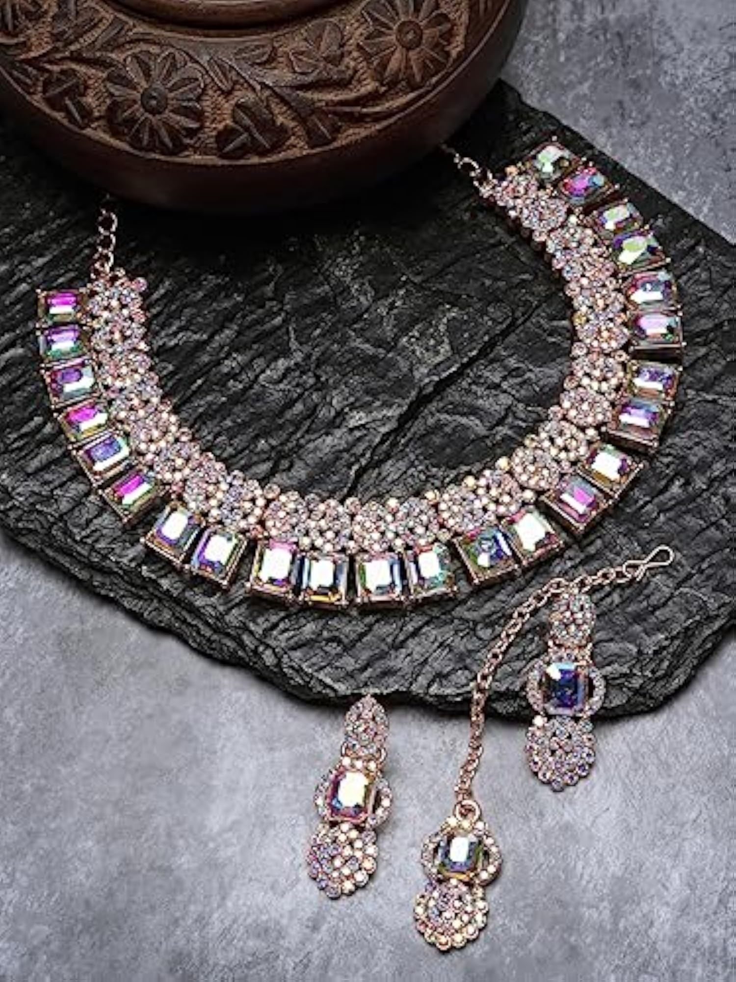Plated Rainbow Stones Necklace Set with Earring and Maangtika