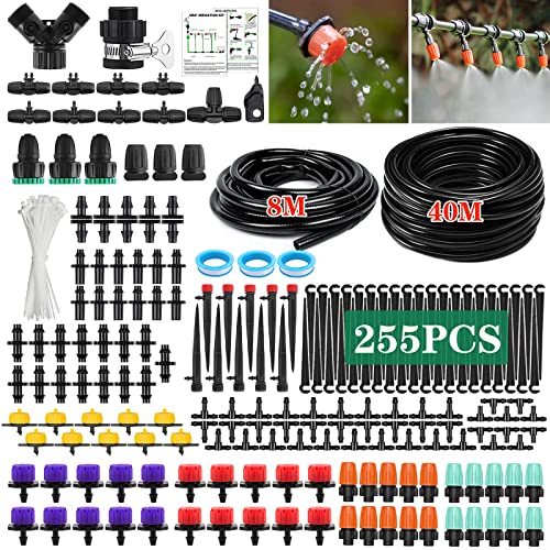 TAVADA Sistema de riego Jardín,255 pcs Sistema de riego para jardín,40M+8M Sistema de Riego Jardín,Ajustable Boquilla Aspersor Pulverizador,Riego automatico,Jardin, Invernadero
