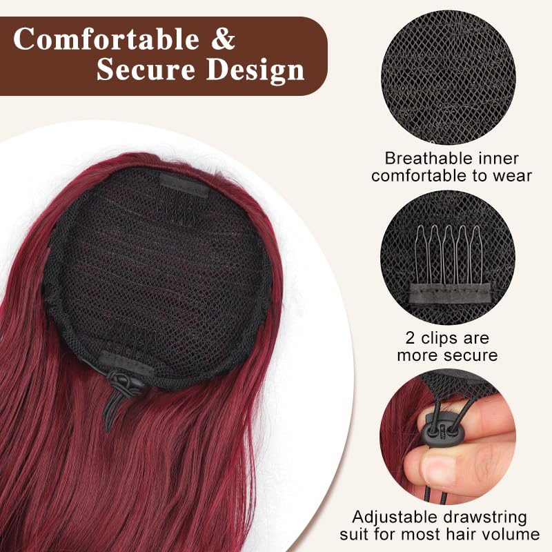 HMD Long Wavy Ponytail Extension 24 Inch Curly Drawstring Ponytail Synthetic Hairpiece for Women Fluffy Natural Looking Hair for Daily Party