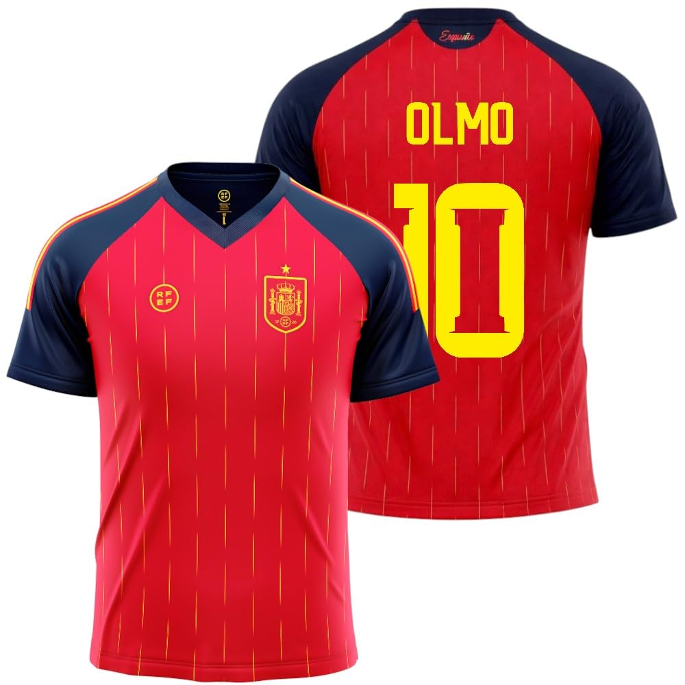 Camiseta España 2026-2028 | Olmo 10 Dorsal y Nombre | Color Rojo con Detalles Azul Marino | Manga Corta | Diseño Futbol Aficionados | Tejido Transpirable Deportivo