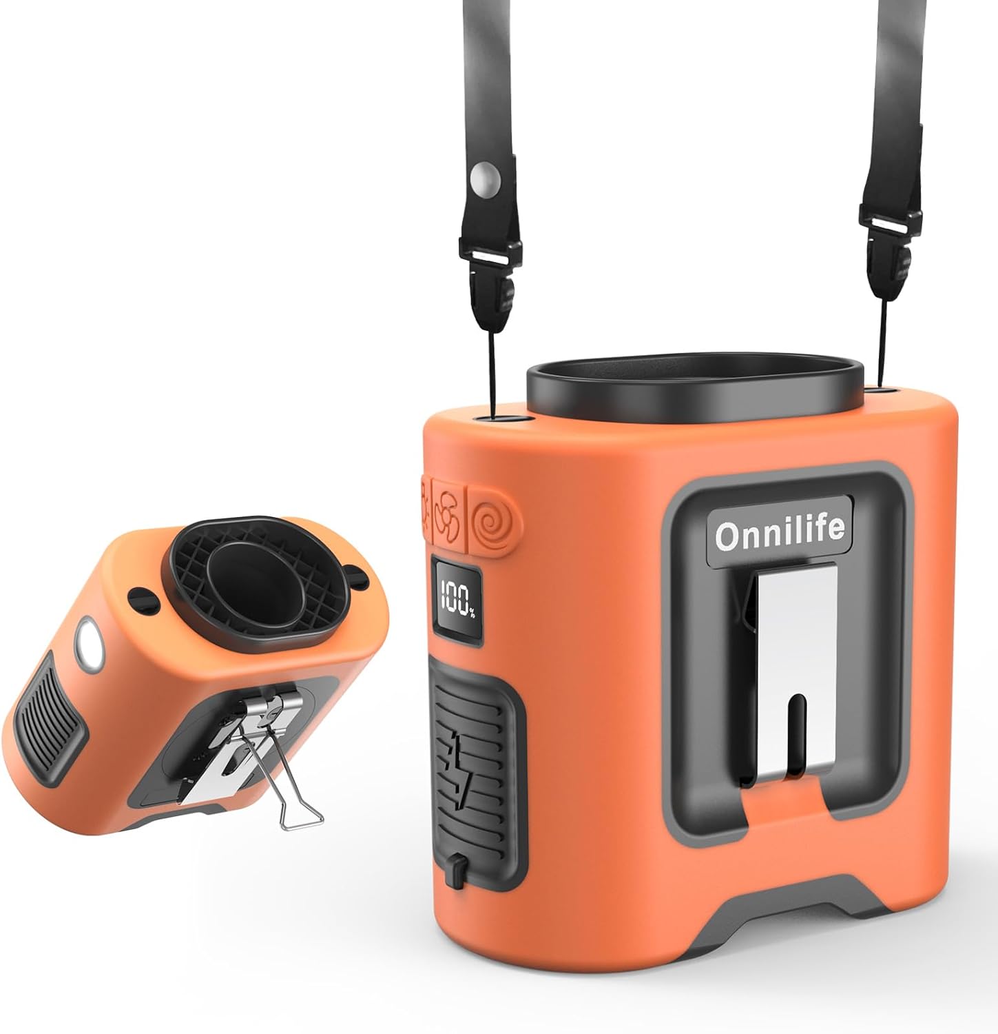 14500mAh Portable Waist Clip Fan, Wearable Belt Personal Fan with Flashlight, Hands Free Hanging Neck Fan with 5 Speeds 14600RPM Strong Airflow for Camping, Outdoor, Jobsite (Orange)