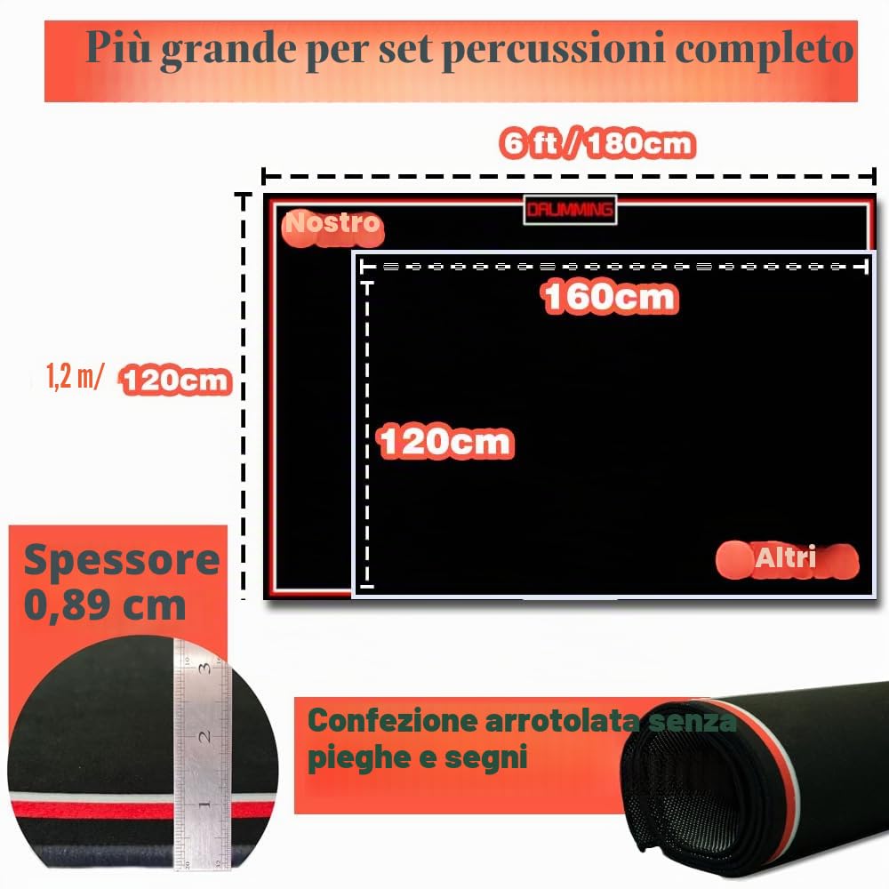 Tappeto per batteria da 1,2 x 1,8 m, antiscivolo, insonorizzato, per interni ed esterni, per batteristi, set di batteria elettronica, per esercitarsi con musica, tappetino protettivo per pavimenti