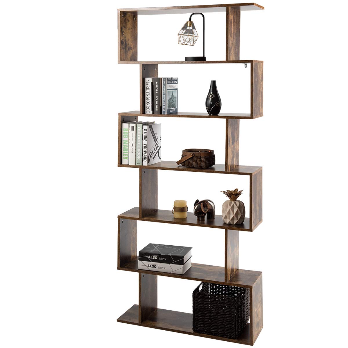 COSTWAY S-Shaped Wooden Bookcase, 5/6 Tiers Freestanding Storage Shelf, Home Office Industrial Decorative Bookshelf Display Stand Rack (Rustic Brown, 80 x 23 x 192cm)