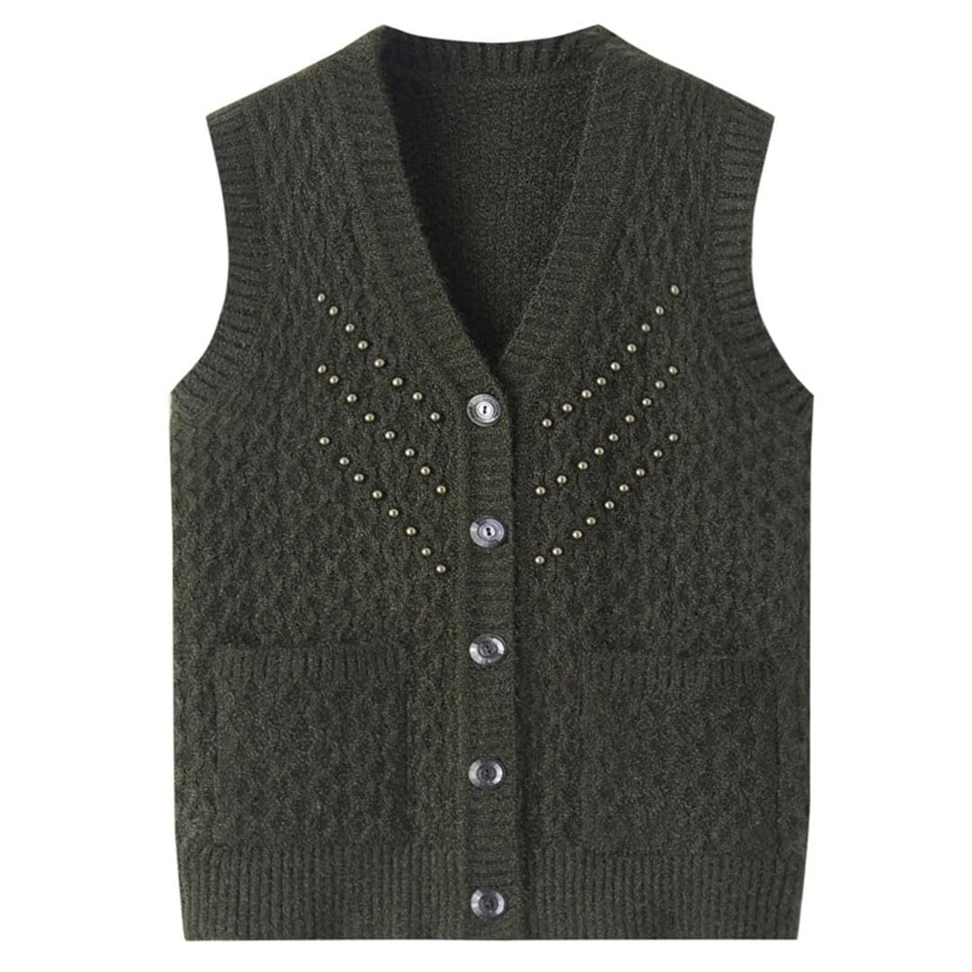 Middle Aged Mother Waistcoat Autumn Knitted Vest Korean Women Winter Beaded Sweater Top