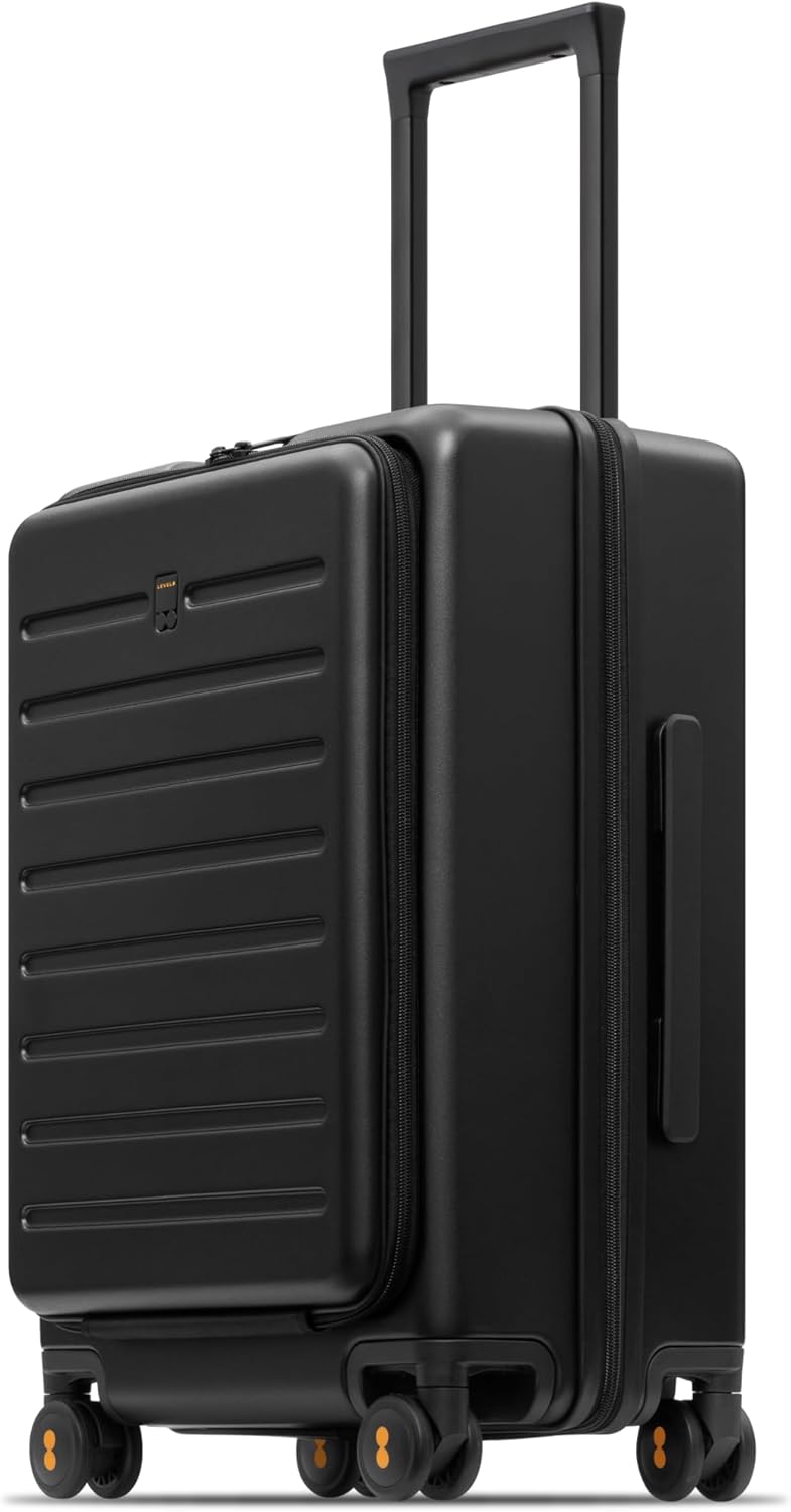 LEVEL8 Road Runner Carry On Luggage with Front Compartment, 20 Inch Lightweight Hard Shell Suitcases with Wheels Airline Approved, Tsa Locks for Luggage, Black