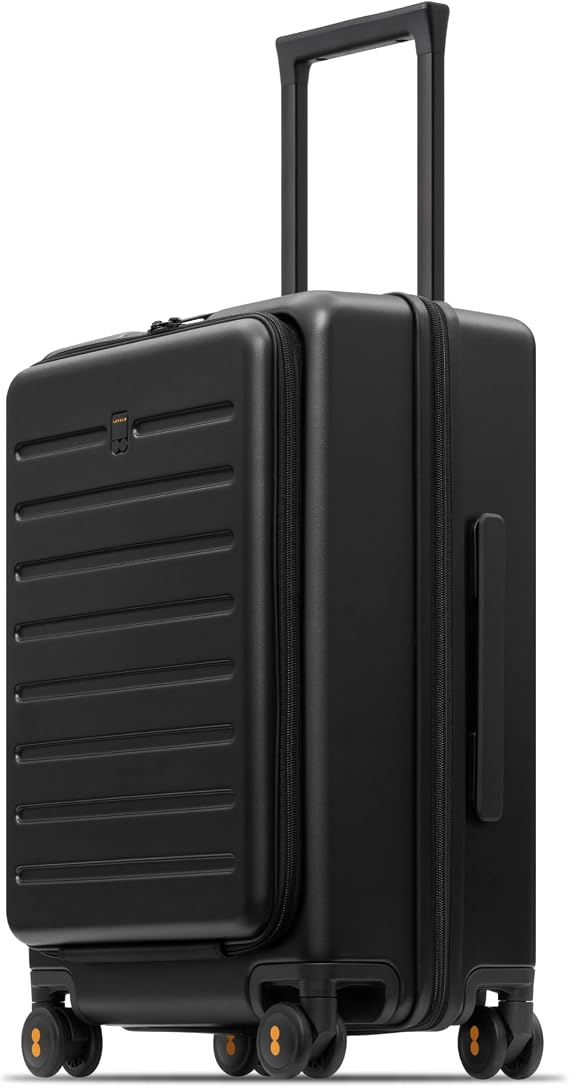 LEVEL8 Road Runner Carry On Luggage with Front Compartment, 20 Inch Lightweight Hard Shell Suitcases with Wheels Airline Approved, Tsa Locks for Luggage, Black,21.46 x 14.57 x 9.45