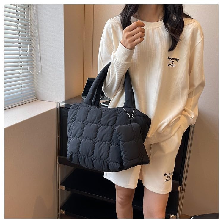 Image of Quilted Tote Bag for Women Small Puffer Purse Quilted Nylon Padding Handbag with Wallet