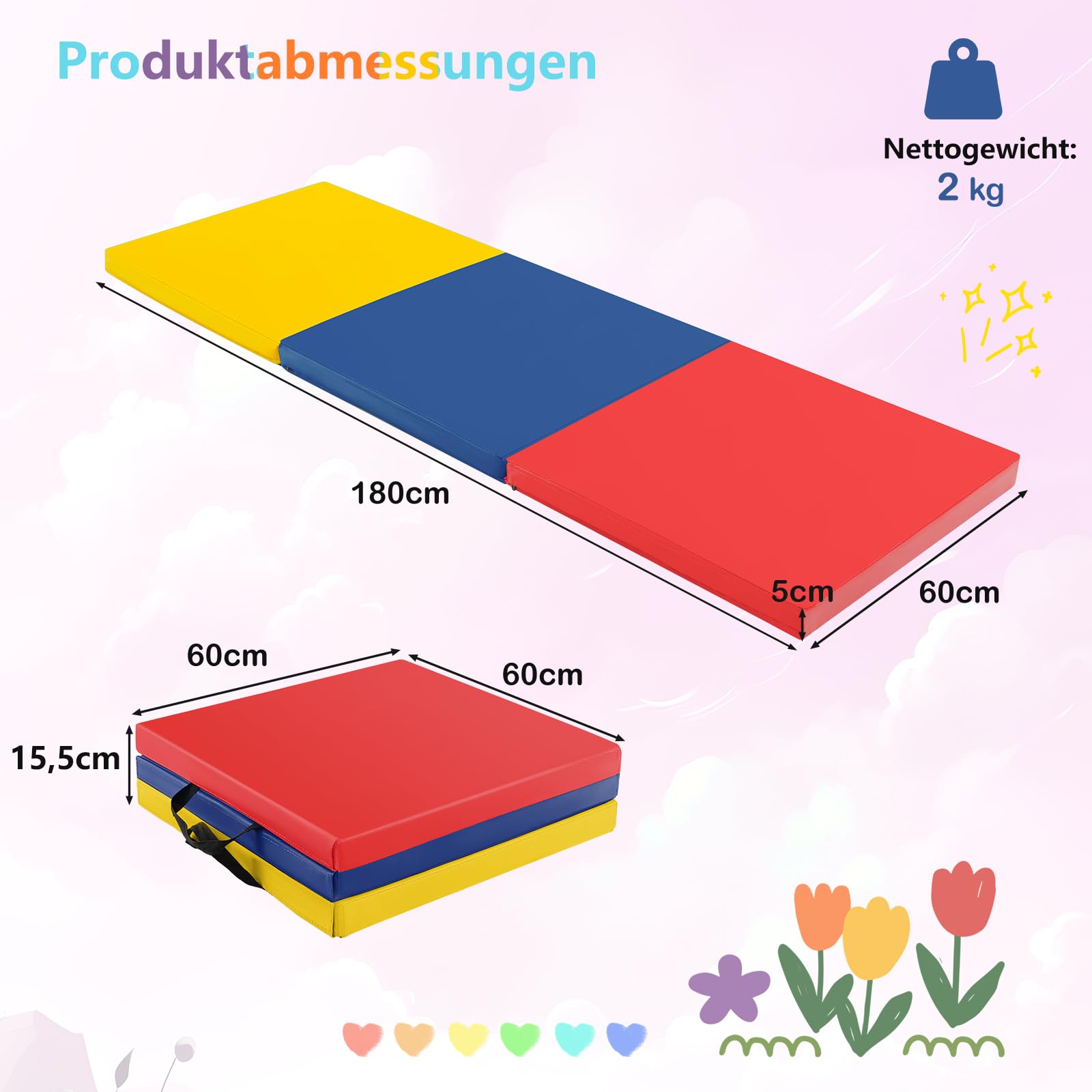 GOPLUS Weichbodenmatte, 180 x 60 x 5 cm Yogamatte rutschfest mit Klettverschlüssen & Tragegriffen, Gymnastikmatte klappbar aus Kunstleder, Turnmatte zum Trainieren von Gymnastik & Yoga