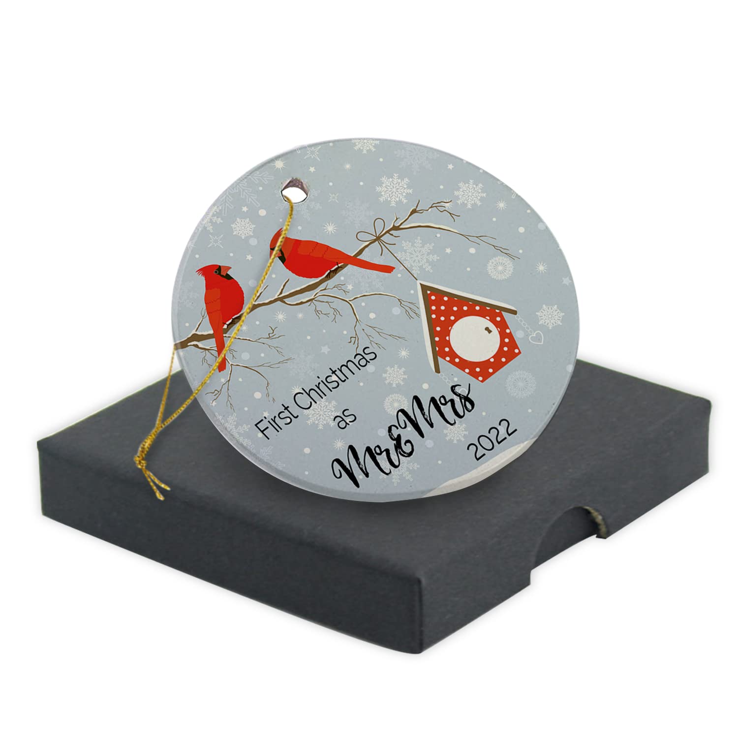 Merry Christmas Ornament-First Christmas As MR & MRS 2021 Gift for Newlyweds Holiday Keepsake 3 Inch Round Ceramic Christmas Tree Ornament Decoration with Gift Box Xmas Present