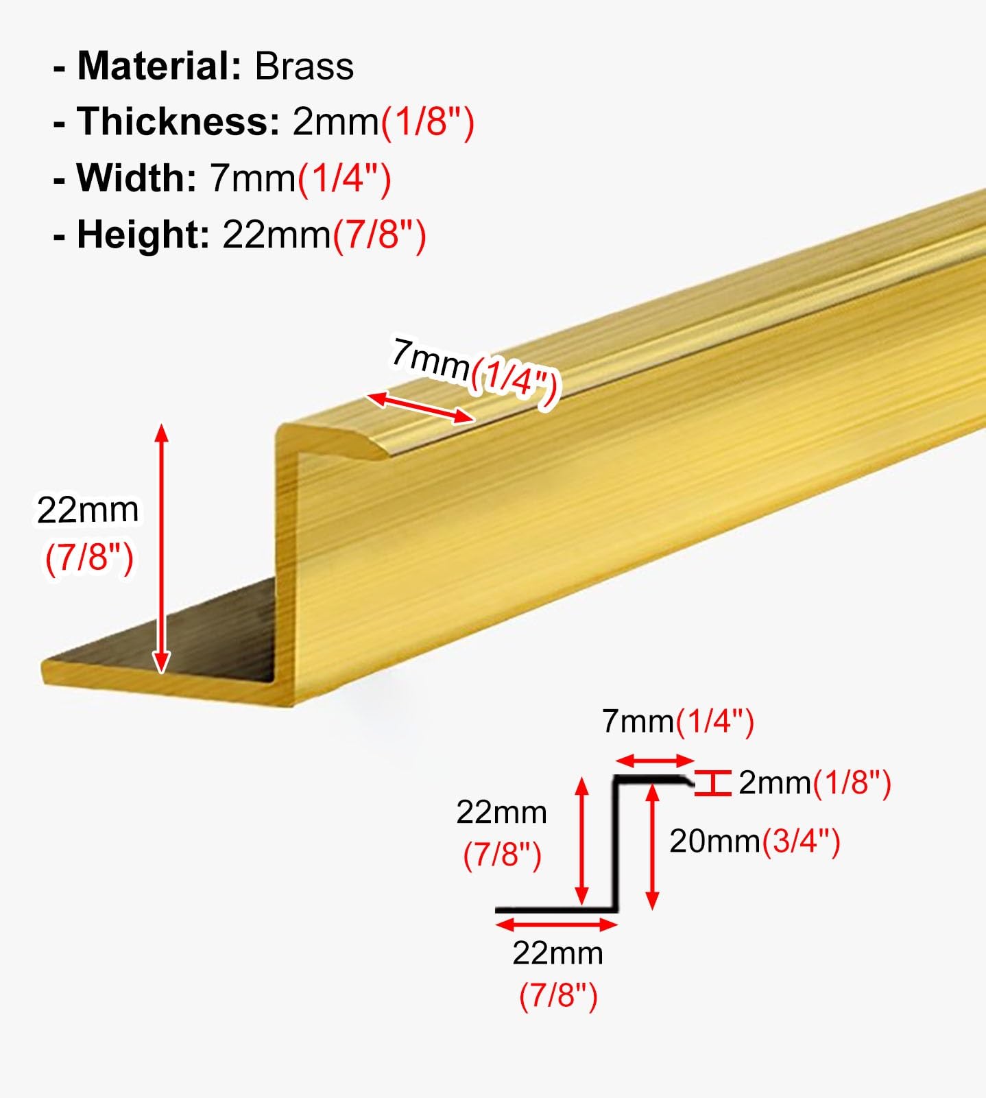 soglia di dislivello pavimento Striscia di Transizione in Ottone per Porte, 1 m di Lunghezza per Fondali Murali a Forma di Z, Coprigiunto Piatto per Soggiorno/Doccia/Casa(7mm(1/4")x22mm(7/8"))