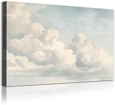 Blue Sky and White Clouds Wall Art Vintage Cloud Painting Watercolor Sky Art Print Blue and White Abstract Artwork Weather Canvas Wall Art Vintage Pastel Posters Cloud Abstract Picture 16x24in No Frame
