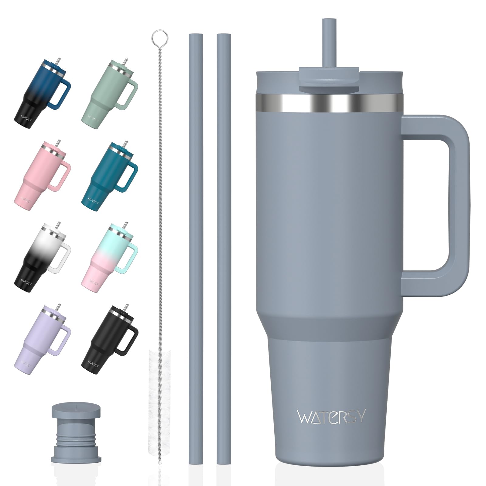 WATERSY 30oz Travel Mug Coffee Cup with 2 Straws, Tumbler Lid and Handle, Stainless Steel Double Wall Vacuum Insulated Coffee Water Bottle Thermal for Cold Hot Coffee 891ml Light Gray Blue
