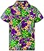 Funky Camisa Hawaiana, Manga Corta, Hojas Verdes Flor Púrpura, Naranja, M