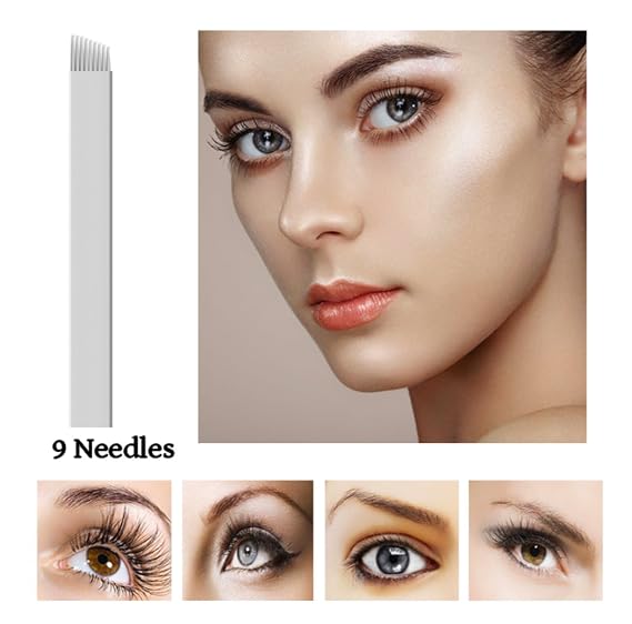 Xiaoyu 50PCS Microblading Needles, Permanent Makeup Manual Tattoo Eyebrow Blade Bevel for Eyebrow Tattoo Pens, White, 9 Pin