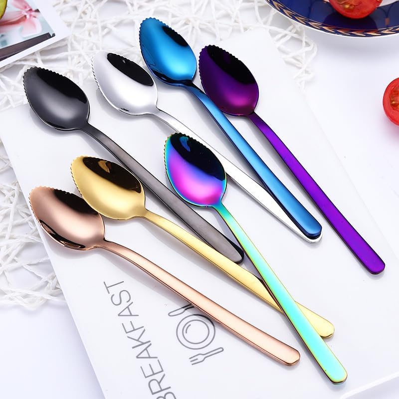 Silverware Flatware Cutlery Set, 1/4/6/8 Pieces 304 Stainless Steel Scraper Fruit Puree Spoon Puree Spoon With Teeth (Color : Blue, Size : 8Pcs)