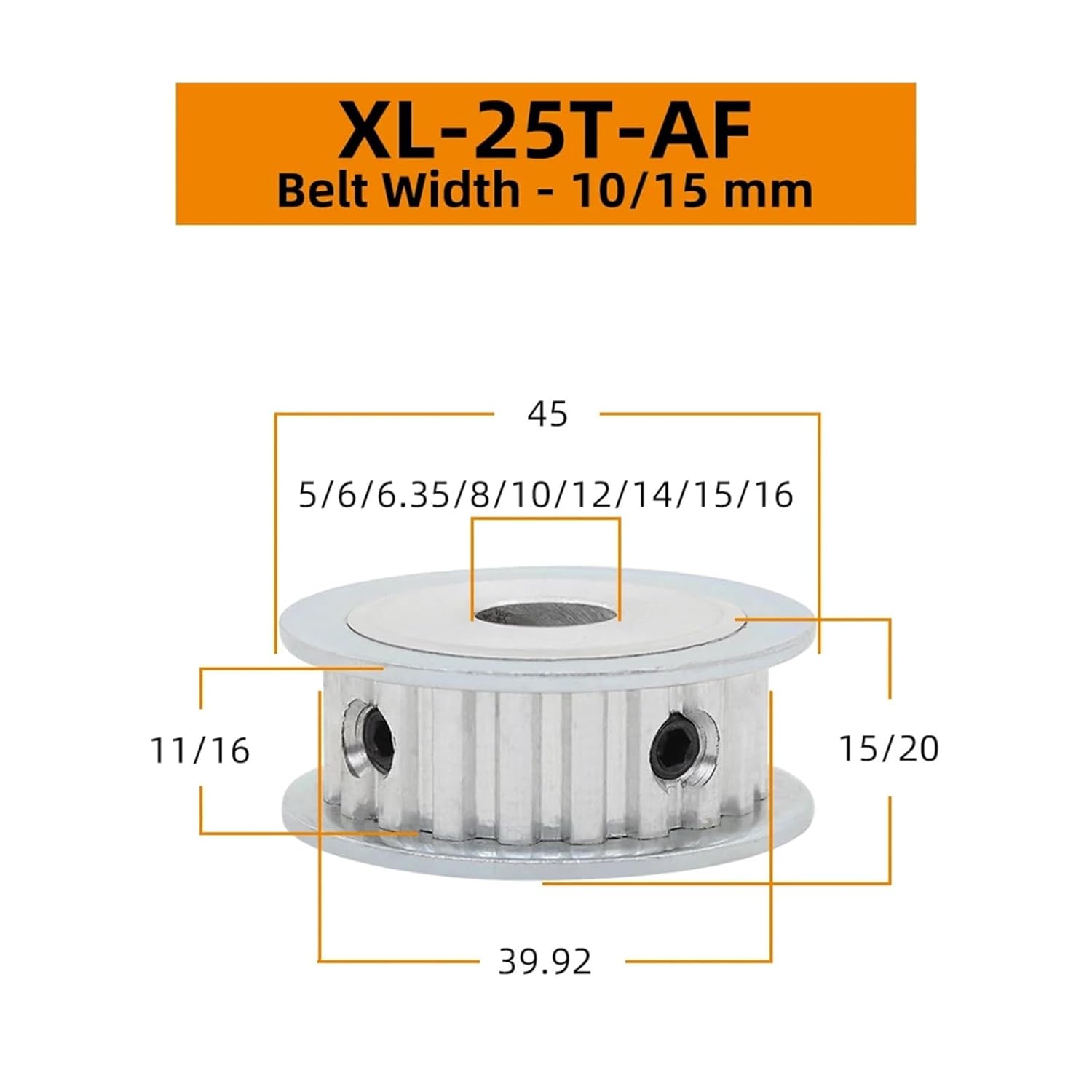 XL25T Motor Pulley Trapezoid Teeth Pitch 5.08 Mm Bore 5-20mm Alloy for Width 10/15 XL Synchronous Belt AF 25Teeth 25T(17x5x2.3 mm,2 Pieces,15mm)