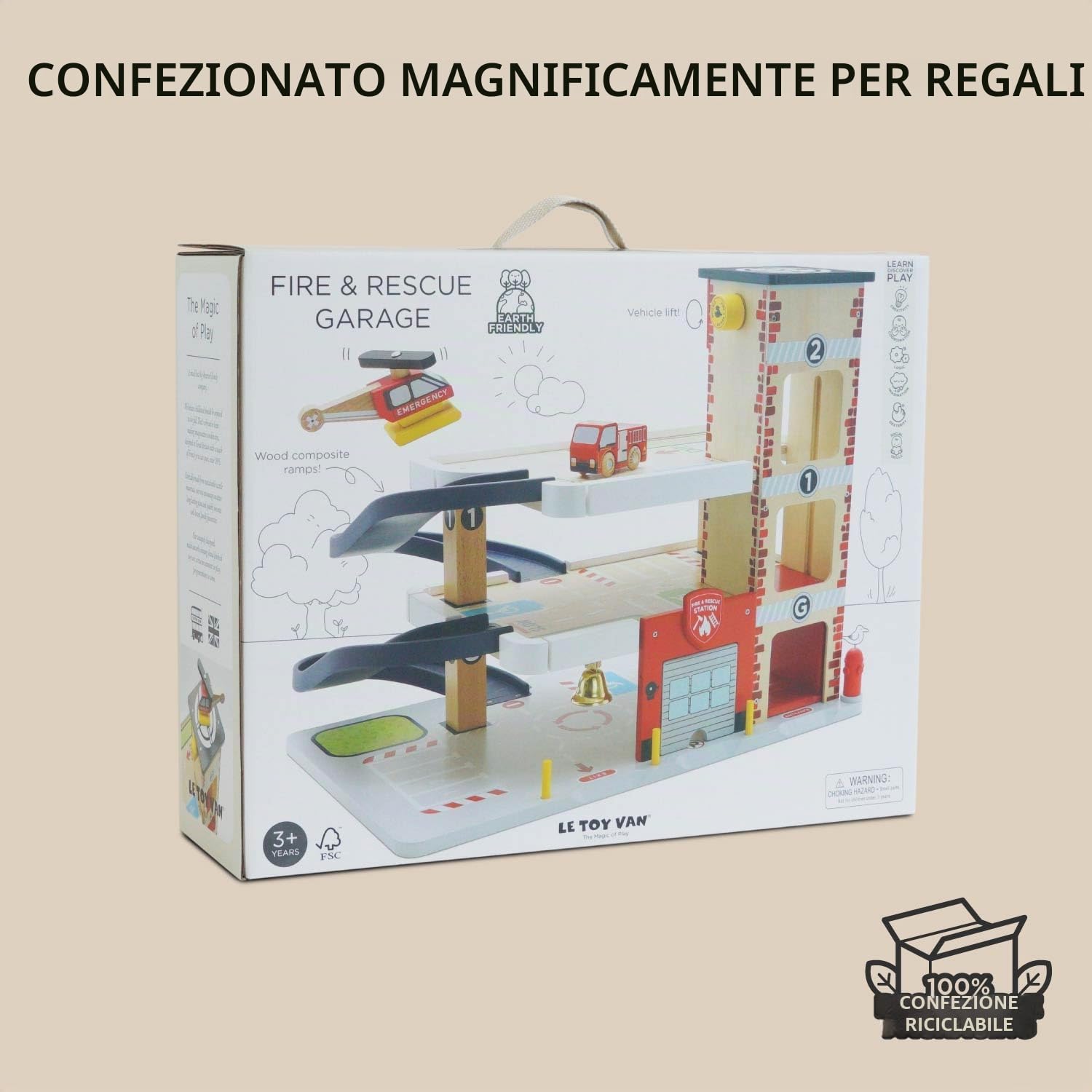 Le Toy Van - TV453 - Stazione vigili del fuoco giocattolo per bambini, 3 anni, in legno certificato FSC, include 1 camion dei pompieri, 1 elicottero, garage apribile, ascensore, campana d'emergenza