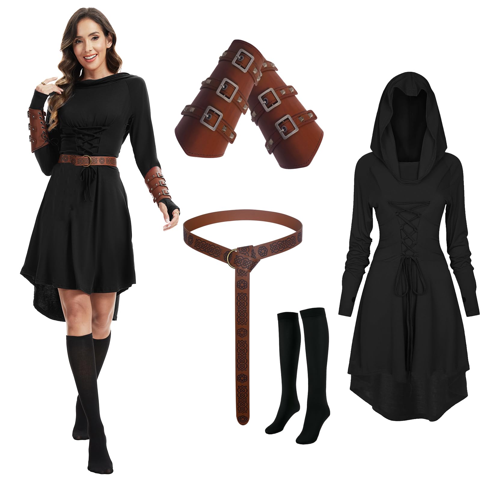 AJGEGJE 4 Pieces Renaissance Costume Women Set, Women's Medieval Hooded Dress, Victorian Clothing, Renaissance Dress with Arm Guards, Belt, Stockings, for Cosplay Party Halloween (Black, 3XL)