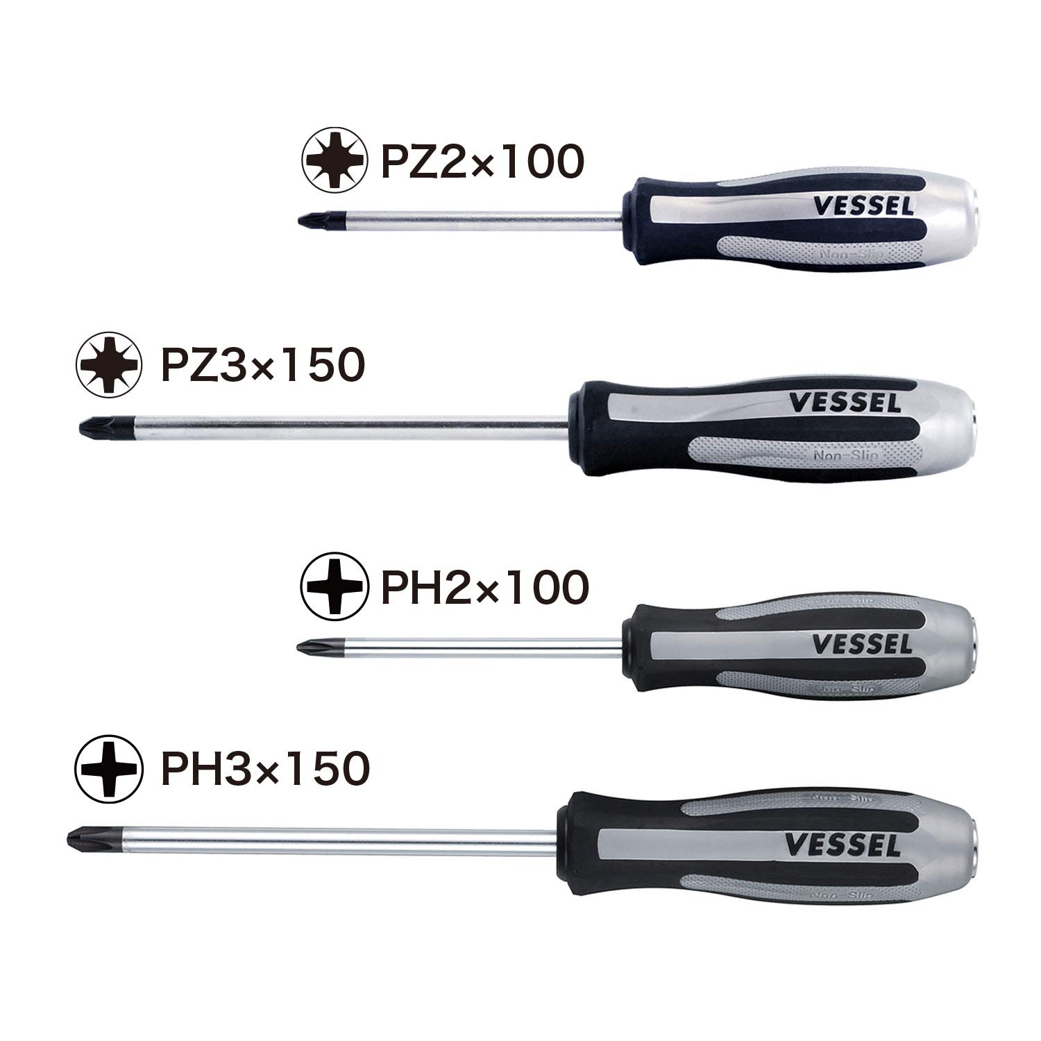 Vessel - Set di 4 cacciaviti a percussione MEGADORA IMPACTA PH2, PH3, PZ2, PZ3