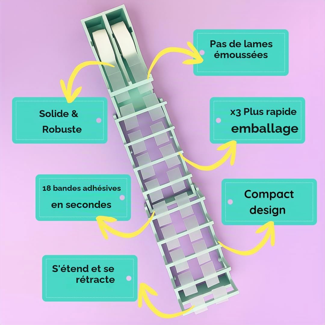 Tape ZOOMIE Distributeur de ruban adhésif de bureau Viral original pour emballage cadeau et travaux manuels | Prépare rapidement 18 bandes de ruban adhésif | Sans lame, compact, robuste | Fièrement