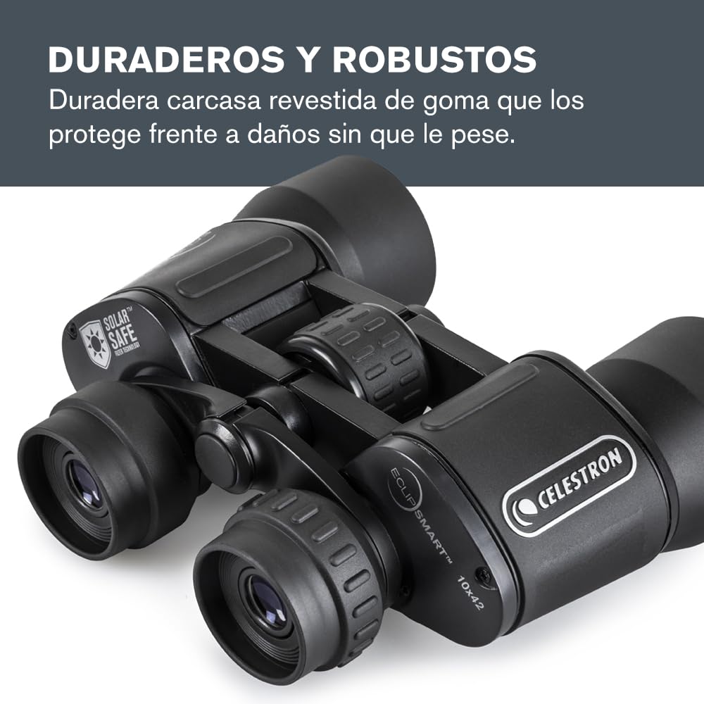 Celestron 71238 EclipSmart, prismáticos solares Porro 10x42 - según Norma ISO 12312-2, Superficie sujeción Goma, óptica Revestimiento Multicapa, Prisma BK7, Correa para Cuello y Estuche Ligero, Negro